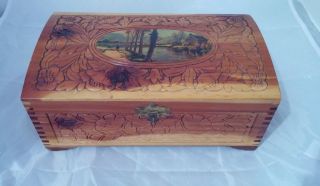 Vintage Carved Cedar Wood Jewelry Trinket Box Footed With Mirror River & House photo