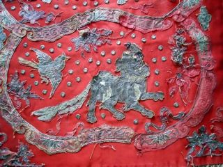Antique Asian Chinese Banner Red Fabric Dog Fo Birds Embroidery 19th - Century photo