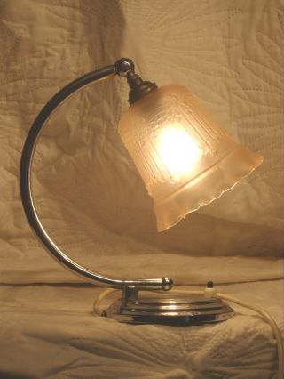 Period Art Deco Chrome Table Lamp With Frosted Pink Glass Shade Gwo photo