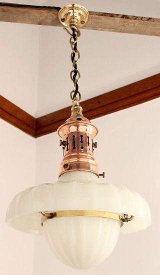 Arts And Crafts/edwardian Copper/brass Pendant/ceiling Light Opaline Glass Shade photo