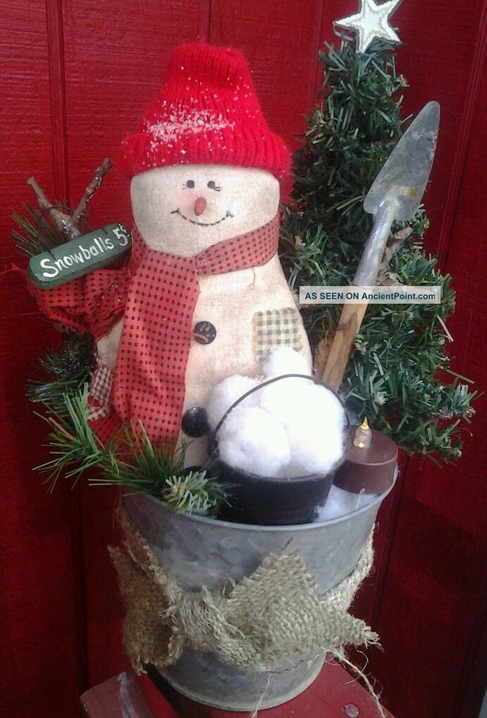 Handmade Primitive Grungy Snowman Doll Lighted Candle Lamp Folk Art Primitives photo