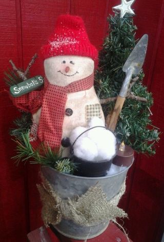 Handmade Primitive Grungy Snowman Doll Lighted Candle Lamp Folk Art photo