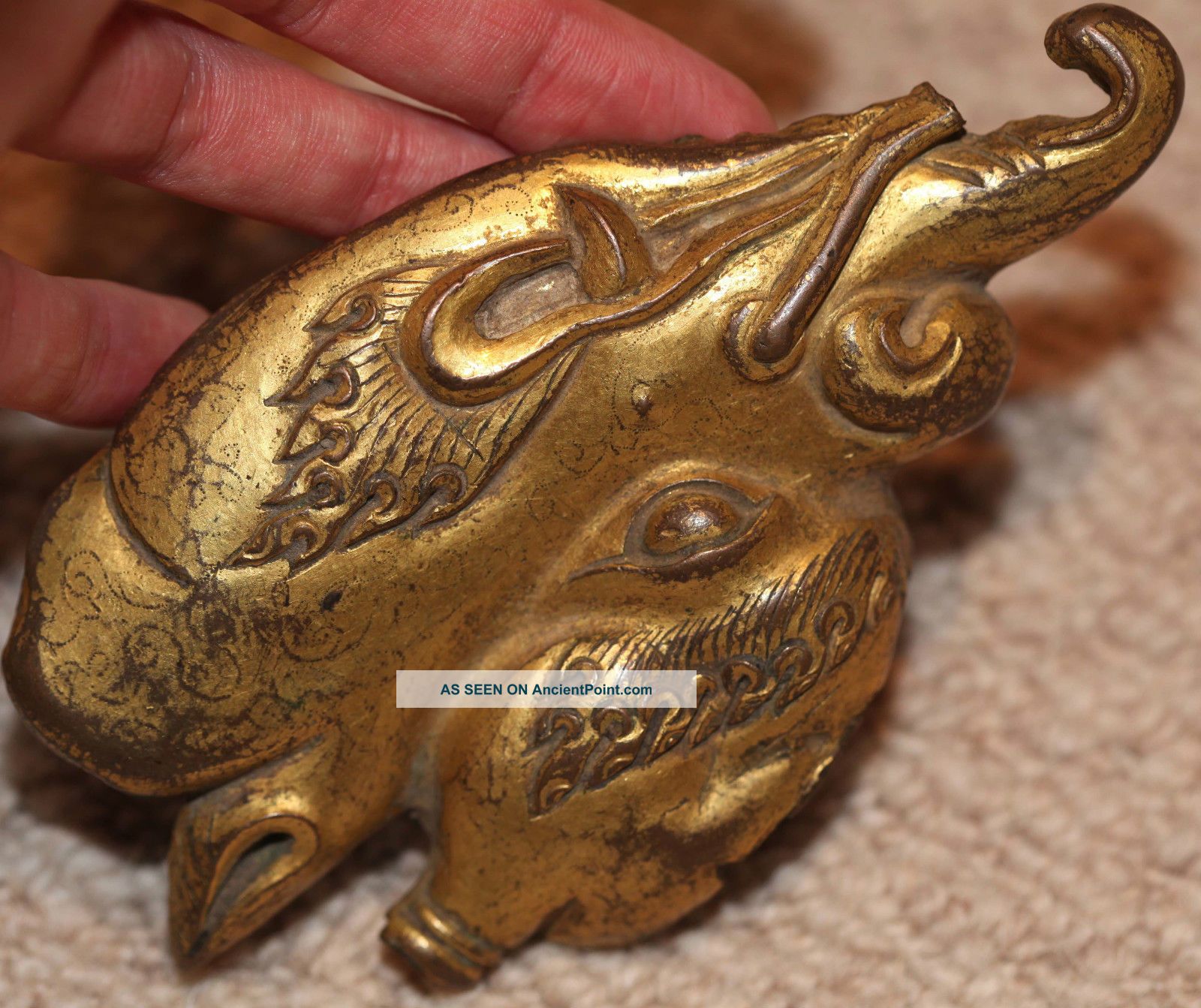 Antique Tibetan Chinese Gilt Bronze Mask Of A Beast,  18th Century,  Qing,  Buddha. Tibet photo
