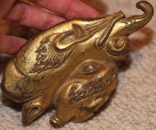 Antique Tibetan Chinese Gilt Bronze Mask Of A Beast,  18th Century,  Qing,  Buddha. photo