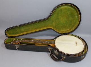 Antique Early 20thc 4 - String Banjo Mop Inlaid Star,  Good Case,  Nr photo