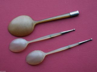Three 19th Century Scottish Spoons - Deer Or Cow Horn - Silver Ball & Shield. photo