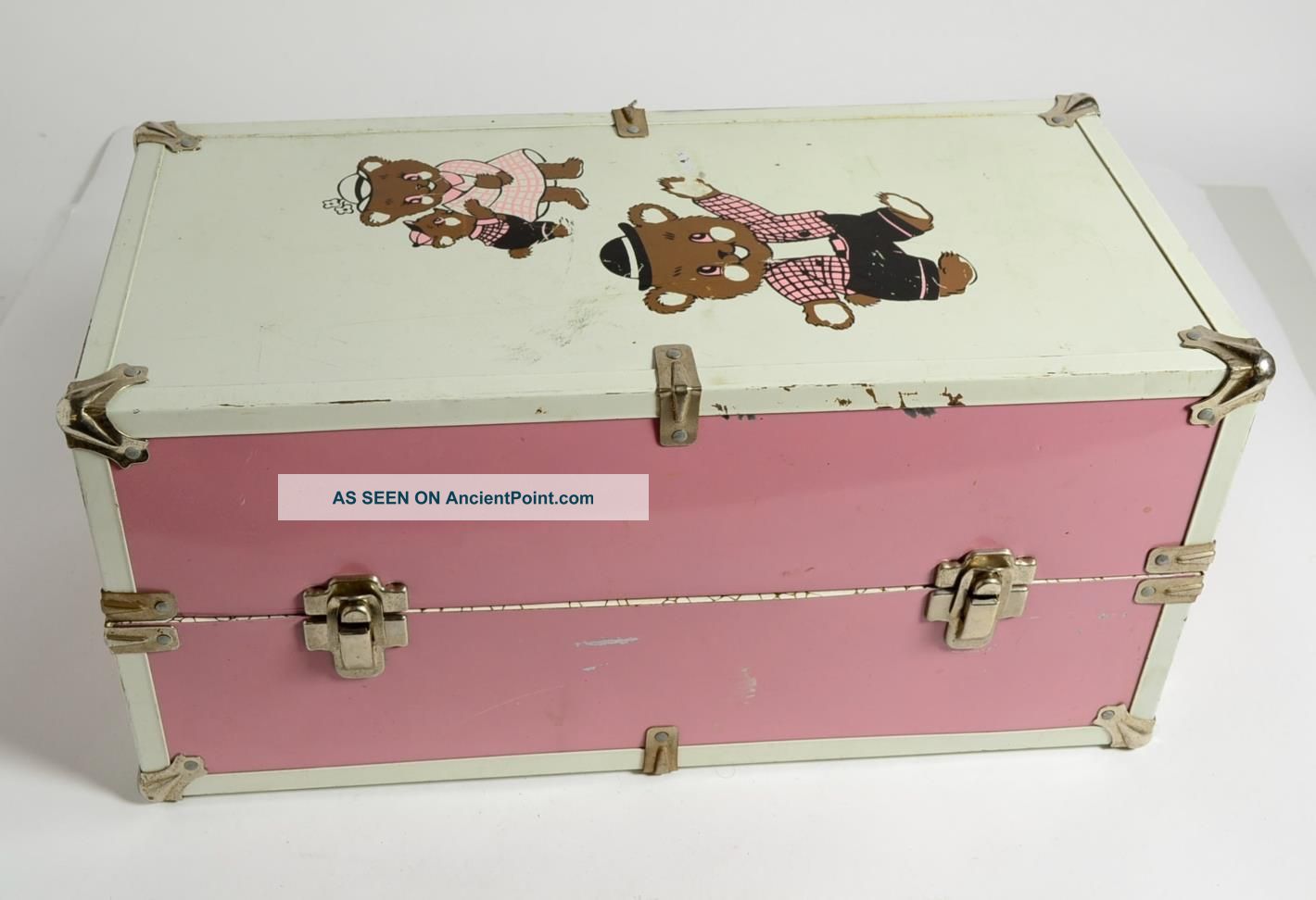 Vintage Doll Trunk Metal Case Pink White Bears W/ Drawer Wardrobe Hangar 17.  5 