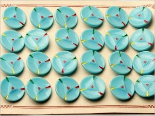Card (24) 18 Mm Czech Vintage 20´s Art Deco Pale Blue Hand Painted Glass Buttons photo