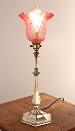 Arts And Crafts/nouveau Silver/cranberry Glass ' Heart ' Shade Table Lamp/light photo