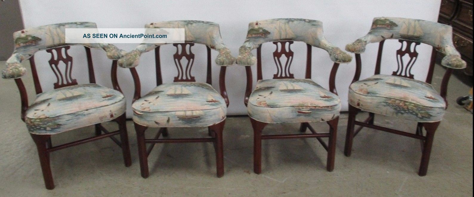 4 Antique Chair Frames With Vintage Nautical Fabric Seats Mahogany Frame Chairs 1900-1950 photo