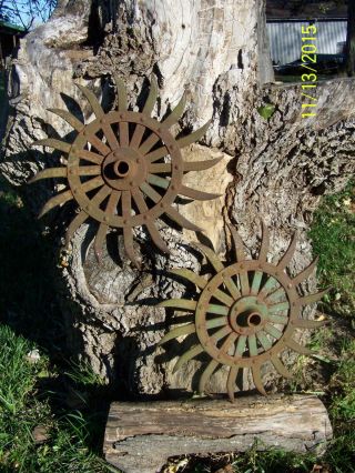 2 Rustic Rotary Hoe Cast Iron Garden Art - Gear Sprocket Spikes Steampunk - Altered photo