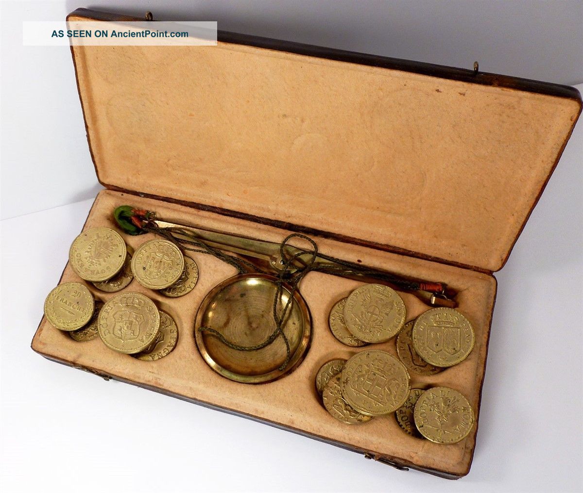 Coin Scale 17 Weights 1830 Italian Money Weighing Beam Brass Doppia Double Spain Scales photo