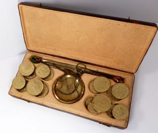 Coin Scale 17 Weights 1830 Italian Money Weighing Beam Brass Doppia Double Spain photo