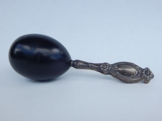 Antique Darning,  Sewing Egg With Sterling Silver Handle Repousse ' Ebony Wood photo