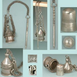 Very Early Antique Silver Tapestry Chatelaine W Thimble Case & Stiletto C1600s photo