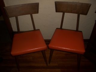 Pair Vintage Mid Century Modern Danish Baumritter Wood Orange Vinyl Chairs 1959 photo