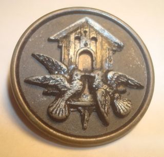 Antique Picture Button: Two Birds At Birdhouse - High Relief,  Metal - Celluloid. photo
