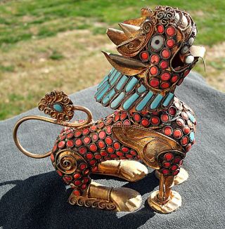 Chinese Tibetan Foo Dog Kylin Turquoise Coral Inlaid Brass Incense Snuff Bottle photo