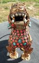 Chinese Tibetan Foo Dog Kylin Turquoise Coral Inlaid Brass Incense Snuff Bottle Incense Burners photo 2