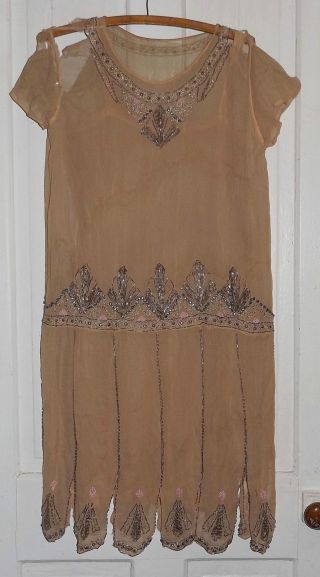 Vtg 1920s Flapper Beaded Silk Chiffon Dress For Study Parts Or Pattern photo