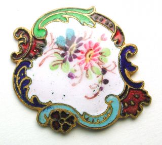 Antique French Enamel Button Hand Painted Floral W/ Fancy Colorful Border photo