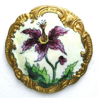 Antique French Enamel Button Hand Painted Purple Flower Fancy Border Paris Back photo
