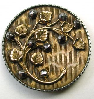 Med Sz.  Antique Steel Cup Button Fancy Brass Floral Design & Cut Steel Accents photo