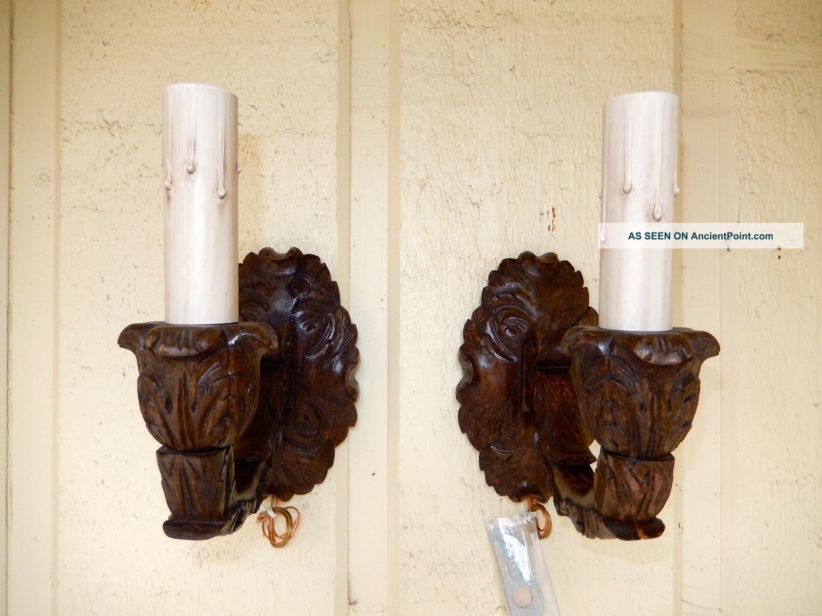 Pair Antique Europen Carved Wood Sconces - Acanthus Leaf Design. Chandeliers, Fixtures, Sconces photo