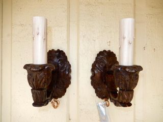 Pair Antique Europen Carved Wood Sconces - Acanthus Leaf Design. photo