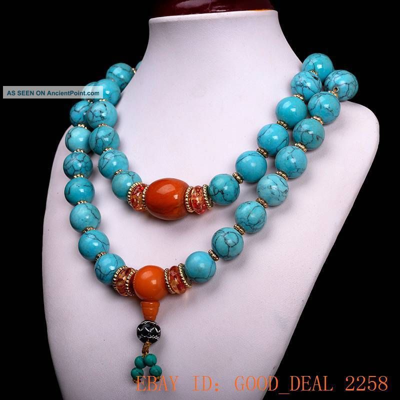 China Collectibles Handwork Turquoise & Beeswax Toyed Prayer Bead Necklace Necklaces & Pendants photo