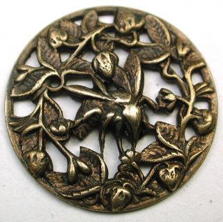 Antique Pierced Brass Button Bee & Strawberry Flowers Design photo