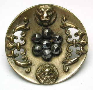 Antique Pierced Brass Button Twin Lion Head Design W/ Cut Steel Center Accents photo