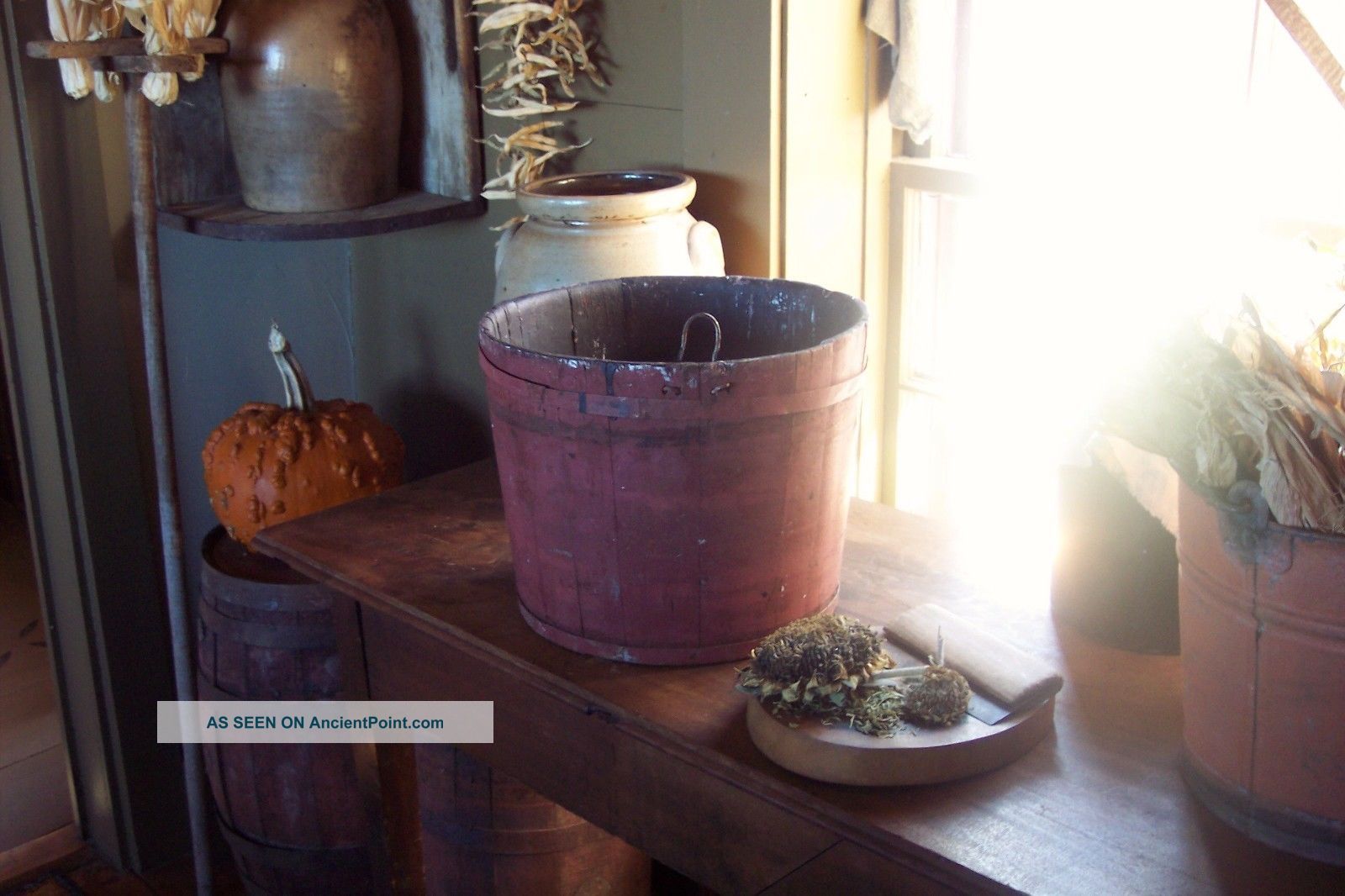 Primitive Early Old Wood Sap Bucket W/ Dry Red Paint Primitives photo