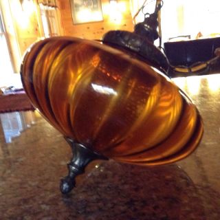 Vintage Mid Century Amber Glass Swag Lamp Hanging Light photo