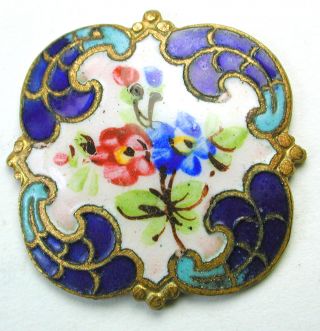 Square Antique French Enamel Button Hand Painted Floral W/ Cobalt & Turquoise photo