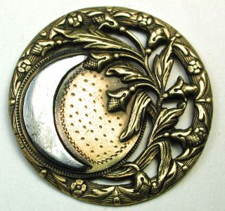 Lg Sz Antique Pierced Brass Button Steel Crescent Moon W/ Fancy Detailed Floral photo