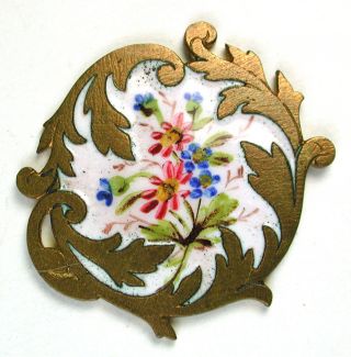 Antique French Enamel Button Hand Painted Floral Design W/ Fancy Brass Border photo