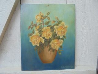 French Painting Oil Rose Vase On Wood Board Vintage Signed C.  1959 Pretty photo