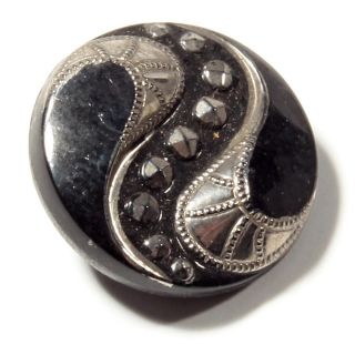 (1) 18mm Czech Bohemian Vintage Silver Gilt Marcasite Effect Black Glass Button photo