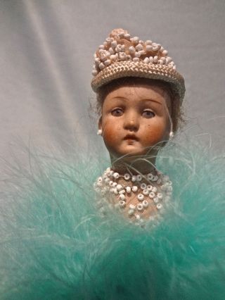 Antique Bisque Torso Marabou Powder Puff Doll Vintage Beadwork Hat & Body photo
