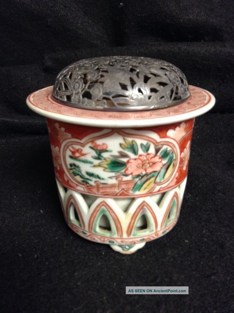 Antique Porcelain Incense Burner Silver Filigree Lid Japanese Other Japanese Antiques photo