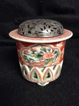 Antique Porcelain Incense Burner Silver Filigree Lid Japanese photo