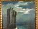Antique Art Deco Luminist Moonlight Castle Ruins Tower Rocky Shore Oil Painting Other Maritime Antiques photo 1