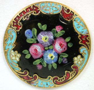 Lg Antique French Enamel Button Colorful Flowers On Black Fancy Champleve Border photo
