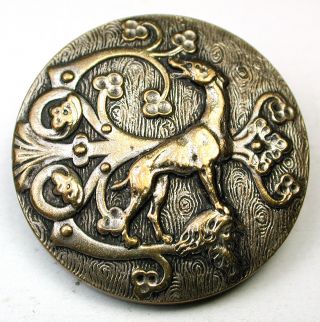 Antique Brass Button Detailed Greyhound Door Hinge W/ Wood Grain - Paris Back photo