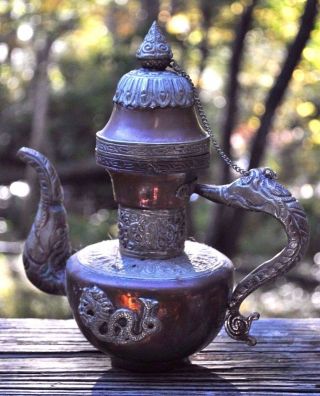 Ornate Antique Ottoman Islamic Arabic Teapot Coffee Pot Copper Brass W/ Dragons photo