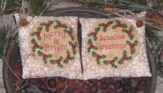 2 Primitive Christmas Holiday Greeting Pillows Bowl Fillers Ornies Ornaments photo