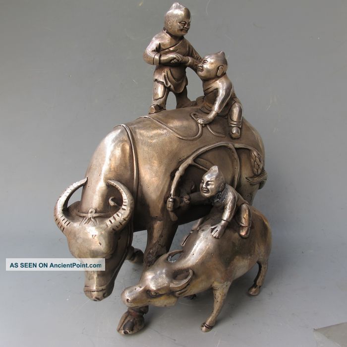 Chinese Tibetan Silver Hand Work Statue - - - - Cattle & Children Nr Other Antique Chinese Statues photo
