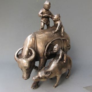 Chinese Tibetan Silver Hand Work Statue - - - - Cattle & Children Nr photo