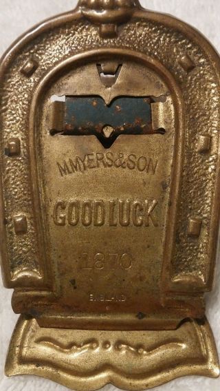 Antique Brass M.  Myer&son 1870 Dated Good Luck Horseshoe Advertising Clip,  England photo